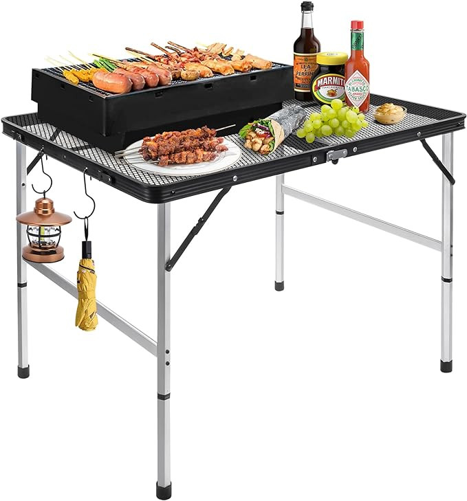 jkwokback 3ft x 2ft Grill Table Portable Camping Table,Waterproof Black Folding Table with Adjustable Height Camping Table,Folding Camp Table for BBQ,Camping,Outdoor Sports,Beaches and Picnics